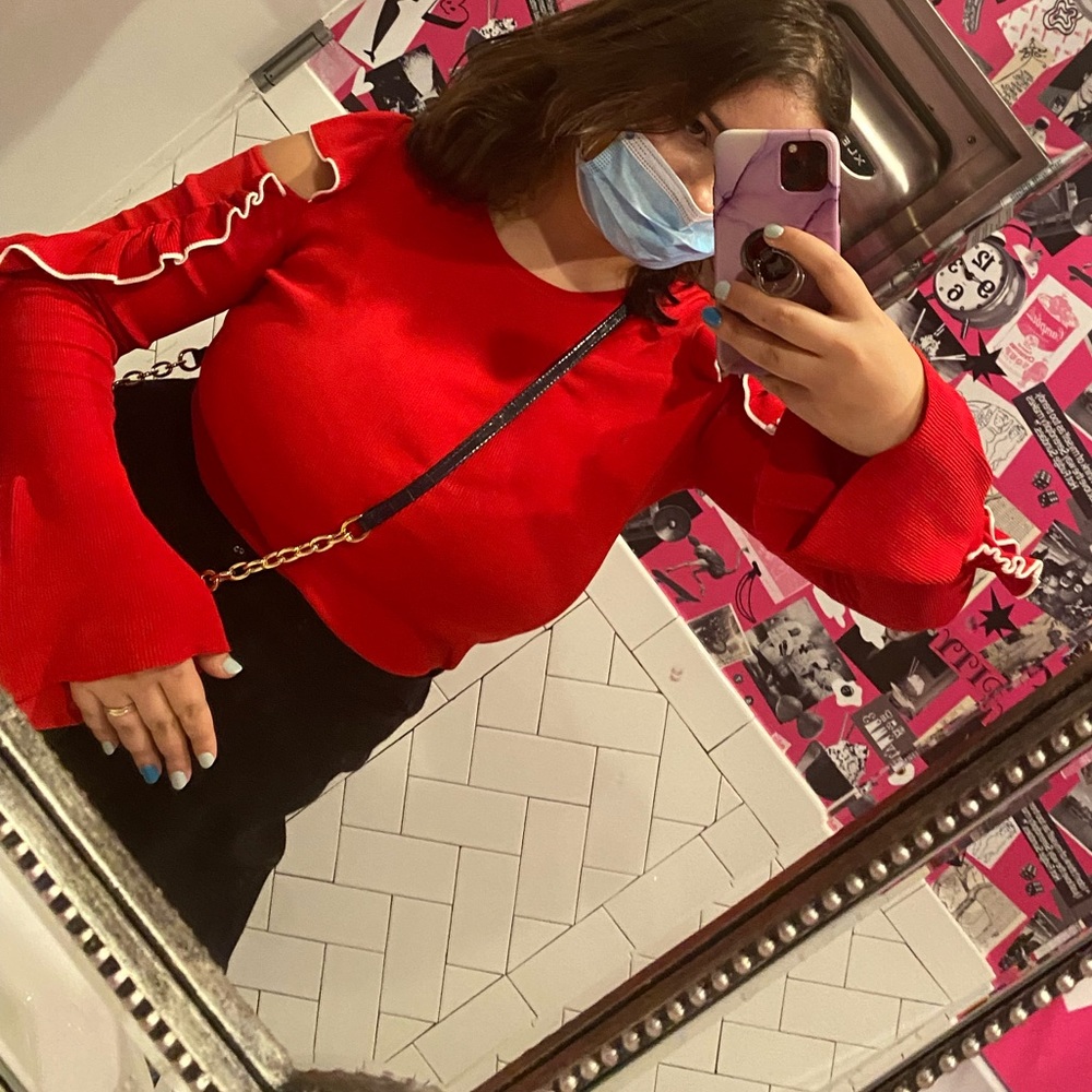 MAJE red sweater with cut outs and ruffles